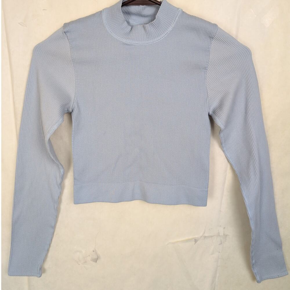 Aerie Out From Under blue ribbed mockneck top Size Med Minimal Staple Layer